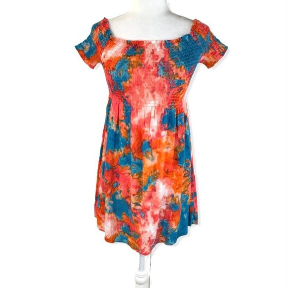 AMBIANCE Tie Dye Shoulderless Shimmer Women's Mini Dress Size S - Picture 1 of 13